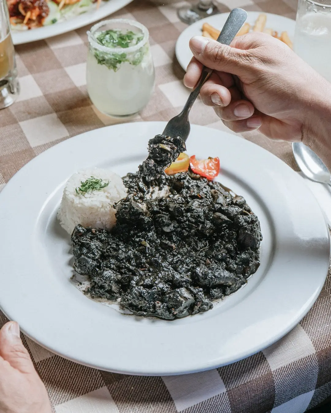 Pulpos en su tinta con arroz blanco, foto real de la casa